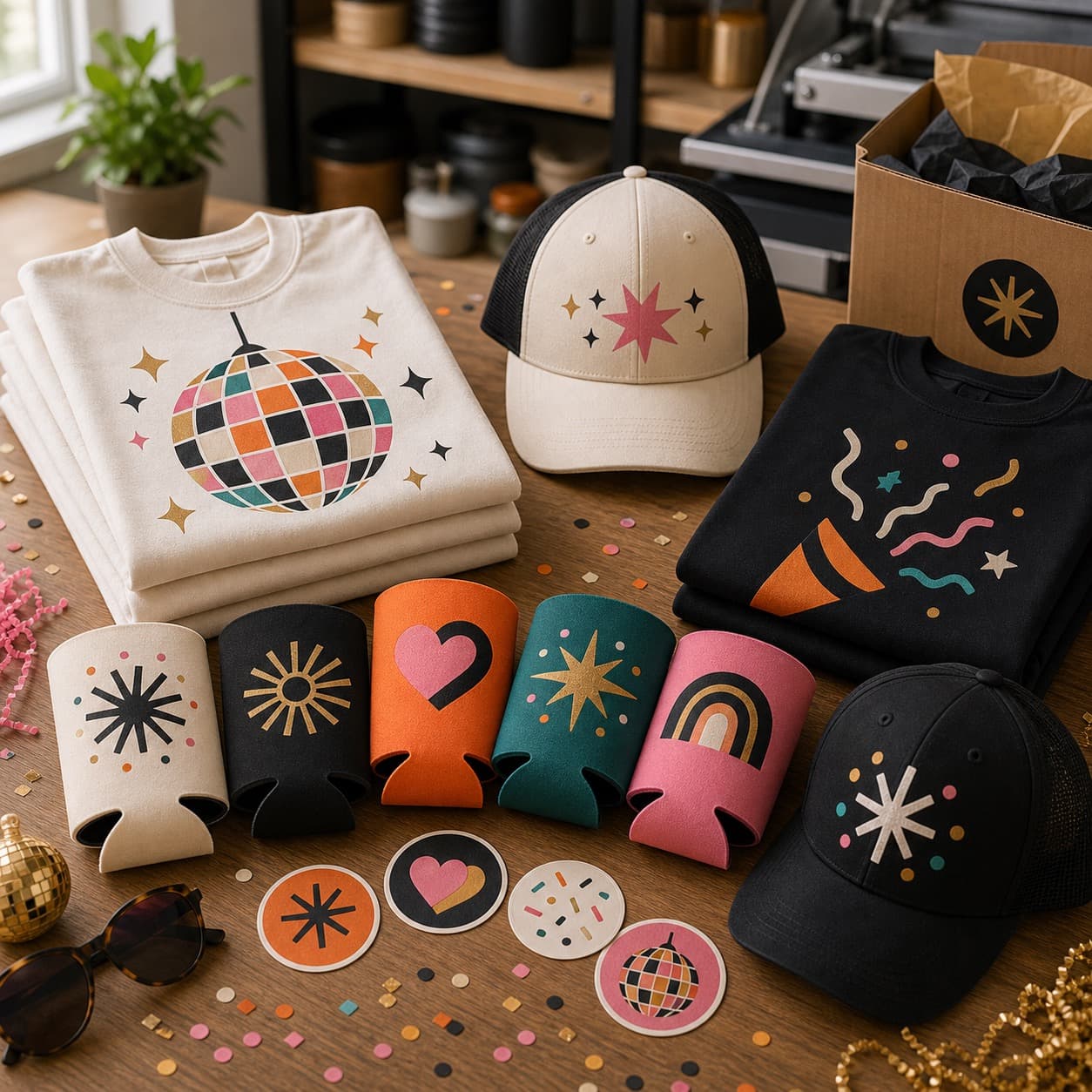 Custom party merchandise with playful printed artwork
