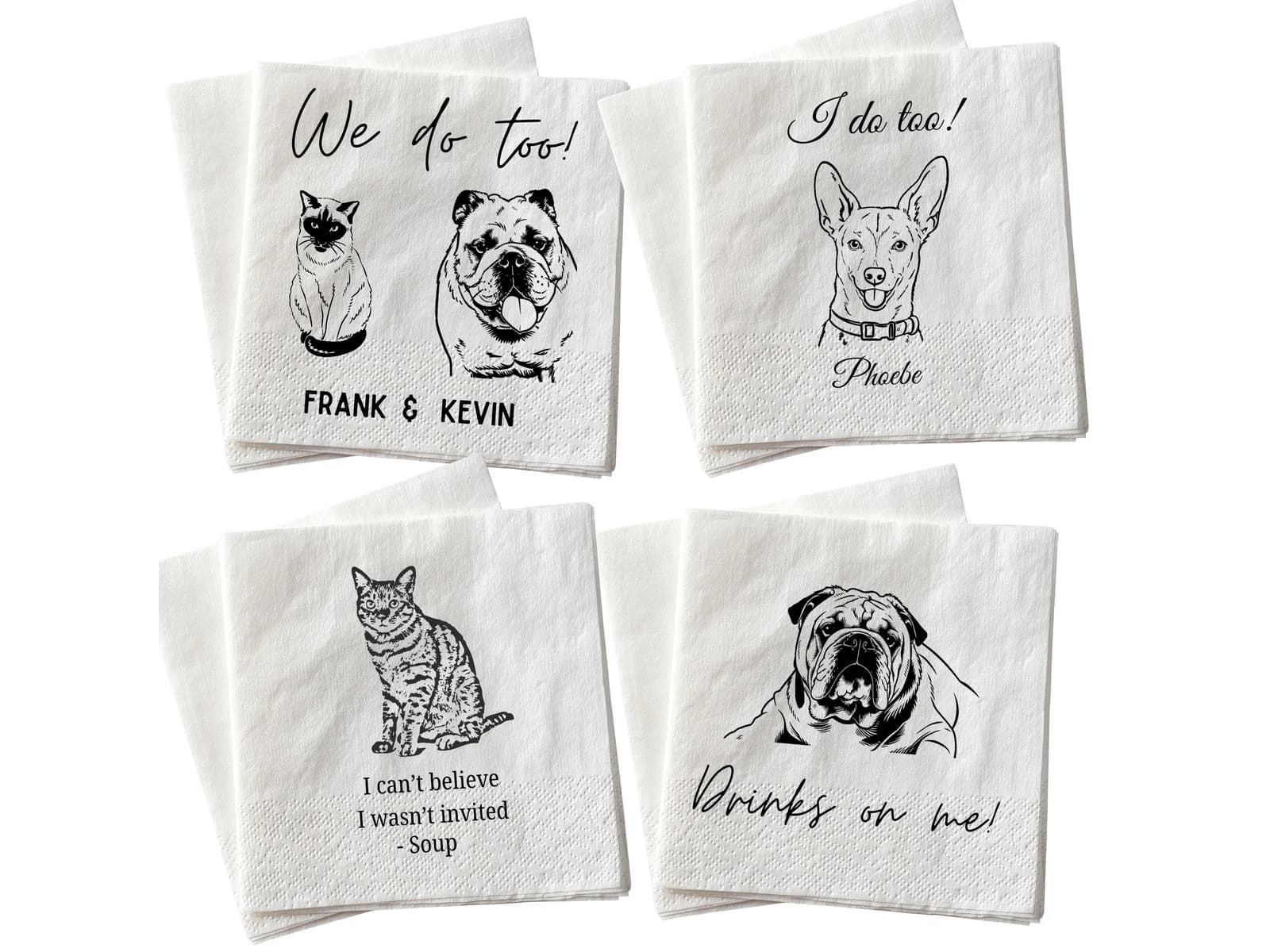 Four personalized wedding napkins featuring custom pet portraits