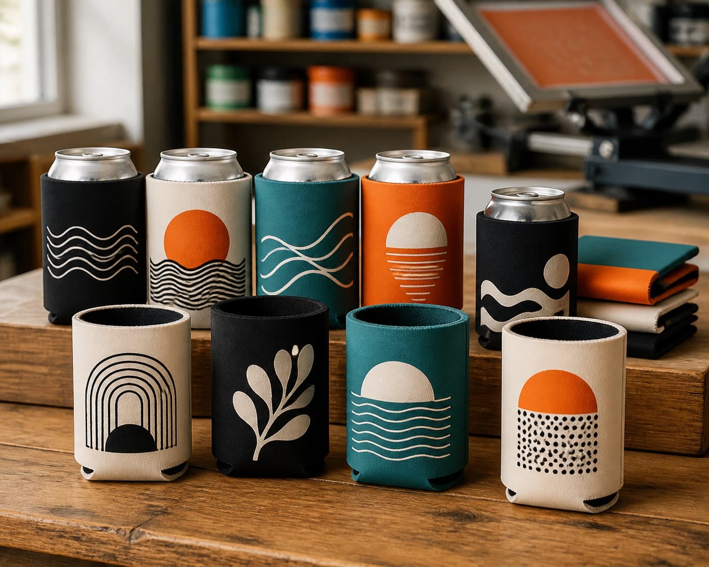 Assorted custom koozies printed with event and business artwork