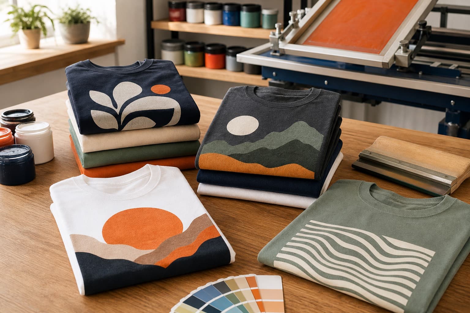Folded custom t-shirts with printed graphics