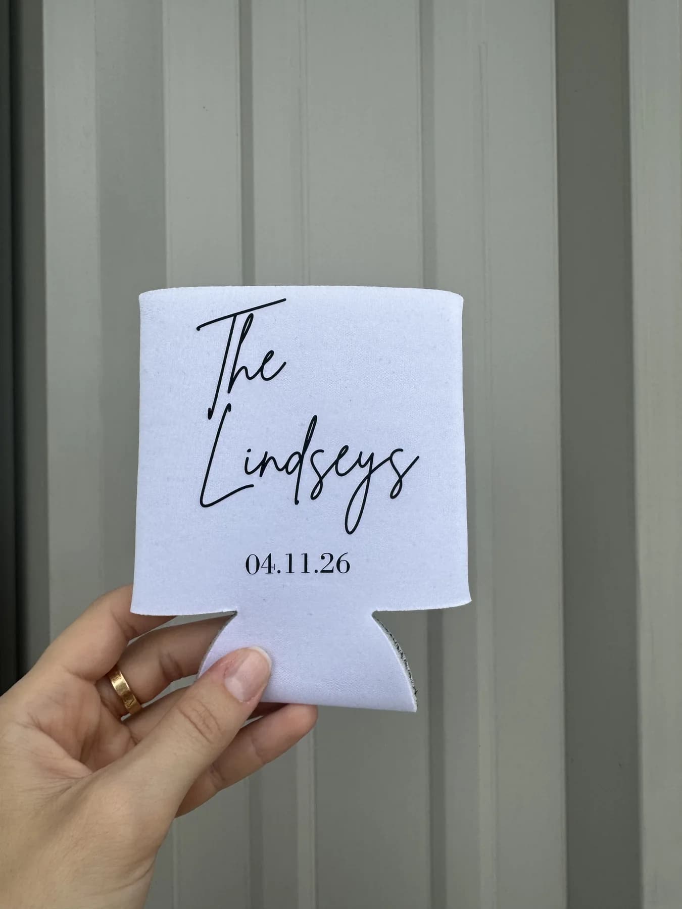 White custom wedding koozie for The Lindseys