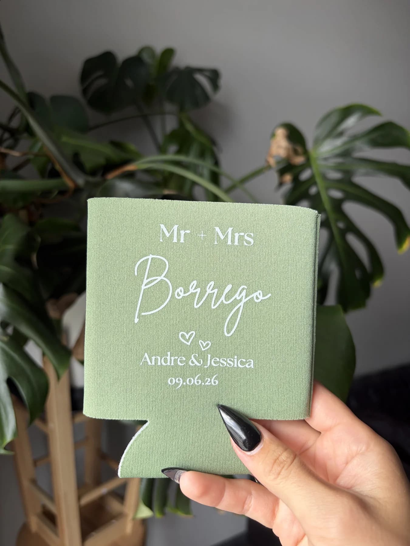 Sage green custom Mr and Mrs wedding koozie