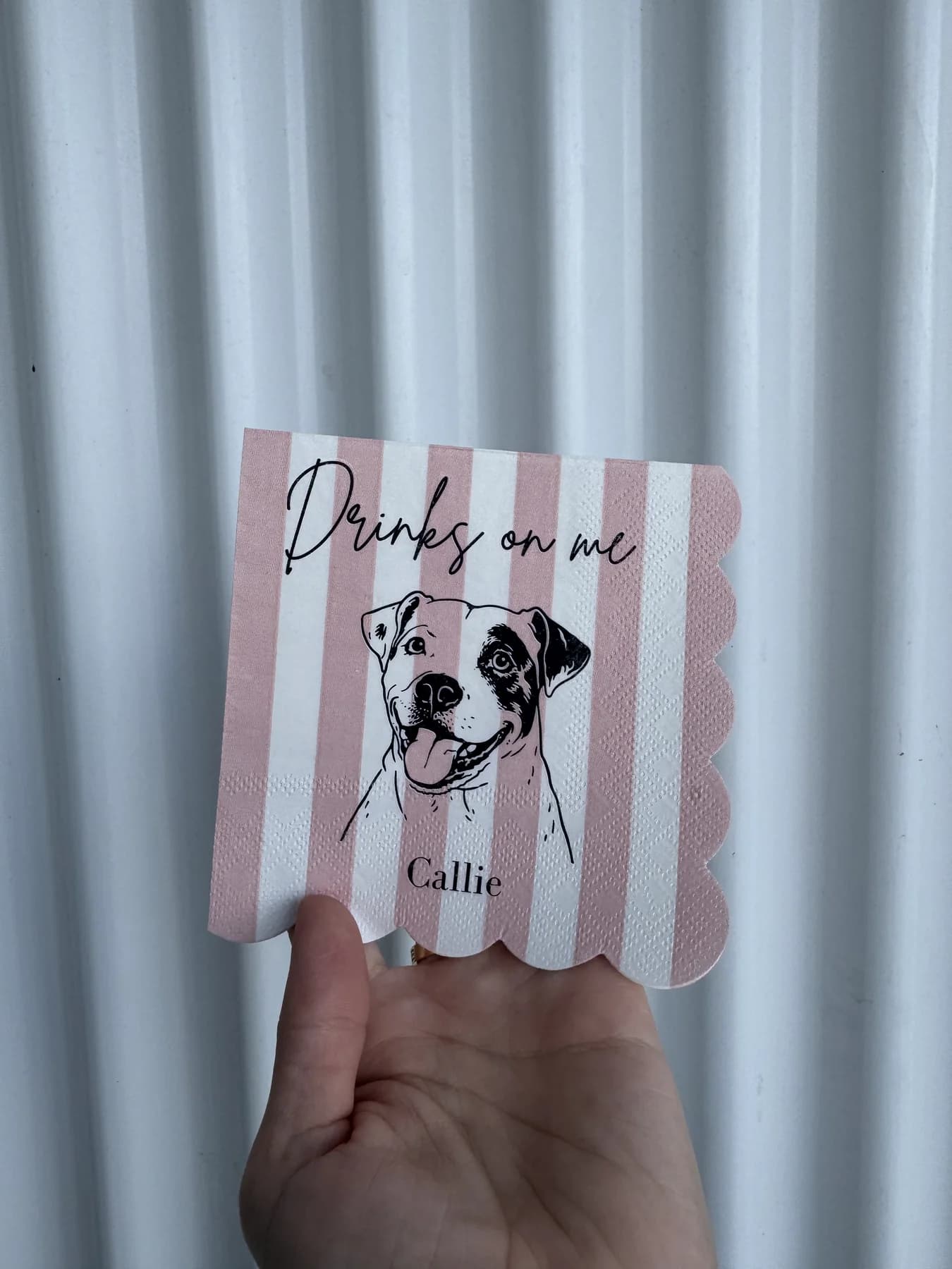 Pink striped custom koozie with a dog portrait and Drinks on Me text
