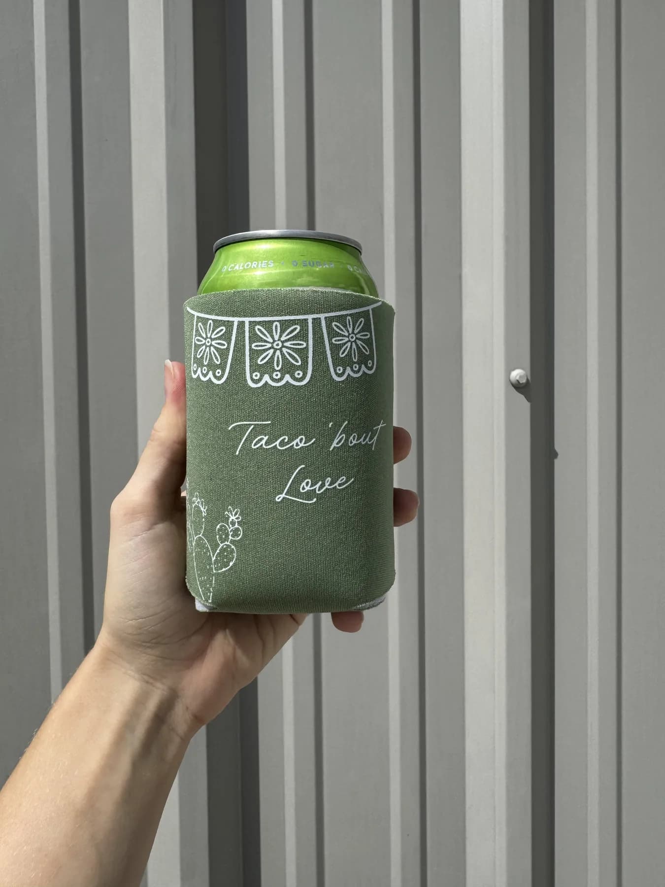 Green custom Taco 'Bout Love canned drink koozie